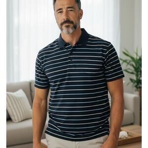 Greg Norman Men's Golf Polo Shirt Sz L Black Blue Stripes 100% Cotton